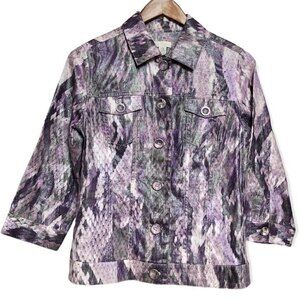 Chico’s Atalia Jacket Womens Small 0 Purple Linen Metallic Snakeskin New
